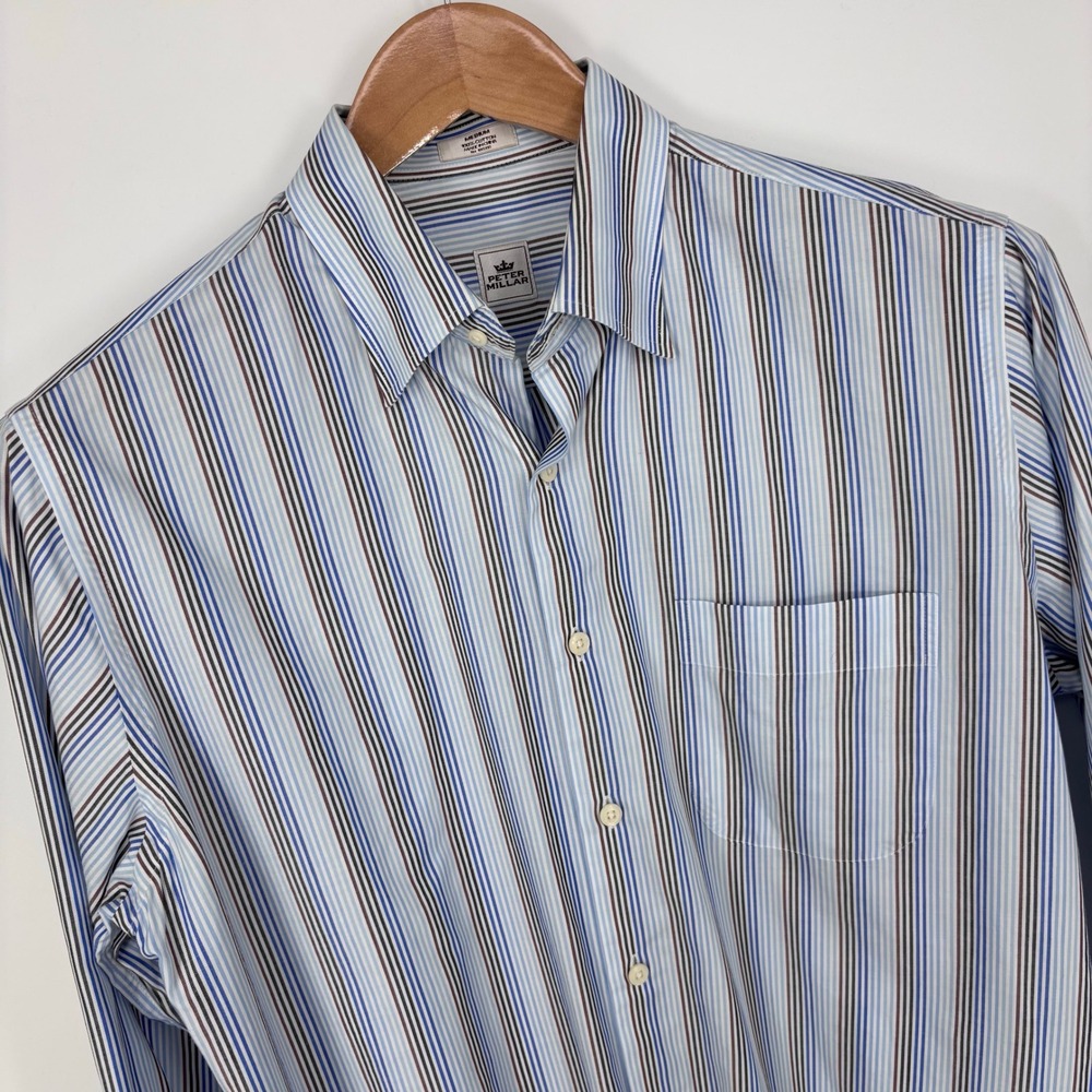 Peter Millar Button Down Shirt Mens Medium Blue Brown Striped 100% Cotton Preppy